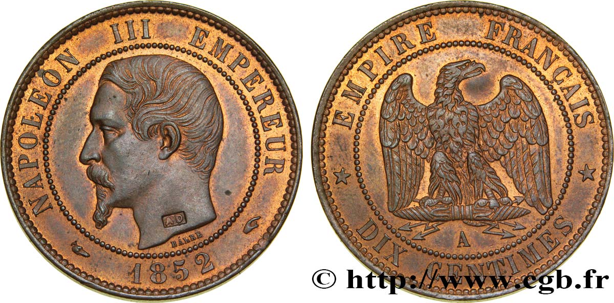 Dix centimes Napoléon III, tête nue 1852 Paris F.133/1 VZ61 