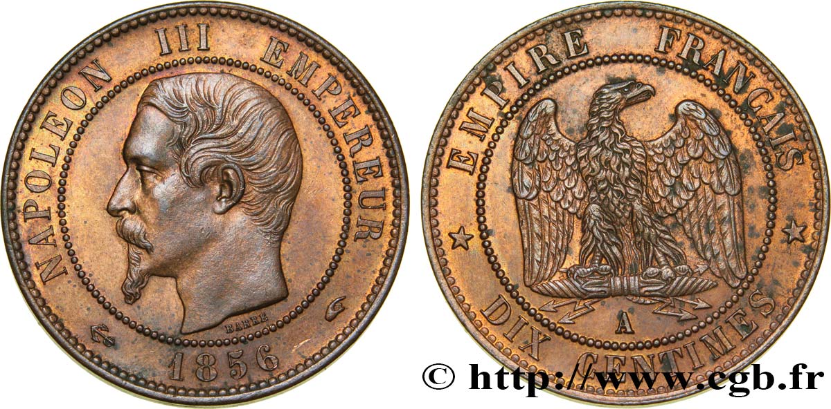 Dix centimes Napoléon III, tête nue 1856 Paris F.133/34 SUP58 