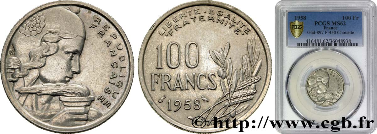 100 francs Cochet, chouette 1958  F.450/13 EBC62 PCGS