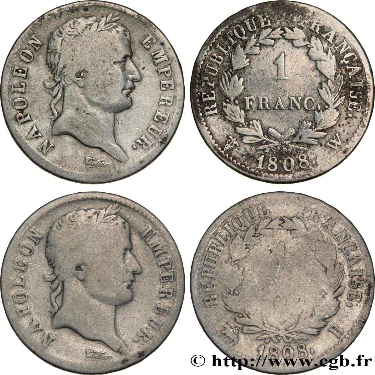 Lot de deux pièces de 1 franc Napoléon Ier tête laurée, République française 1808 n.l. F.204/- VG/VF 