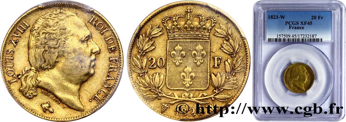 20 francs or Louis XVIII, tête nue 1823 Lille F.519/30 SS45 PCGS