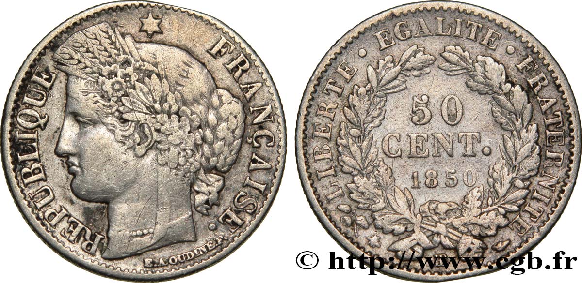 50 centimes Cérès, IIe République 1850 Strasbourg F.184/3 VF25 