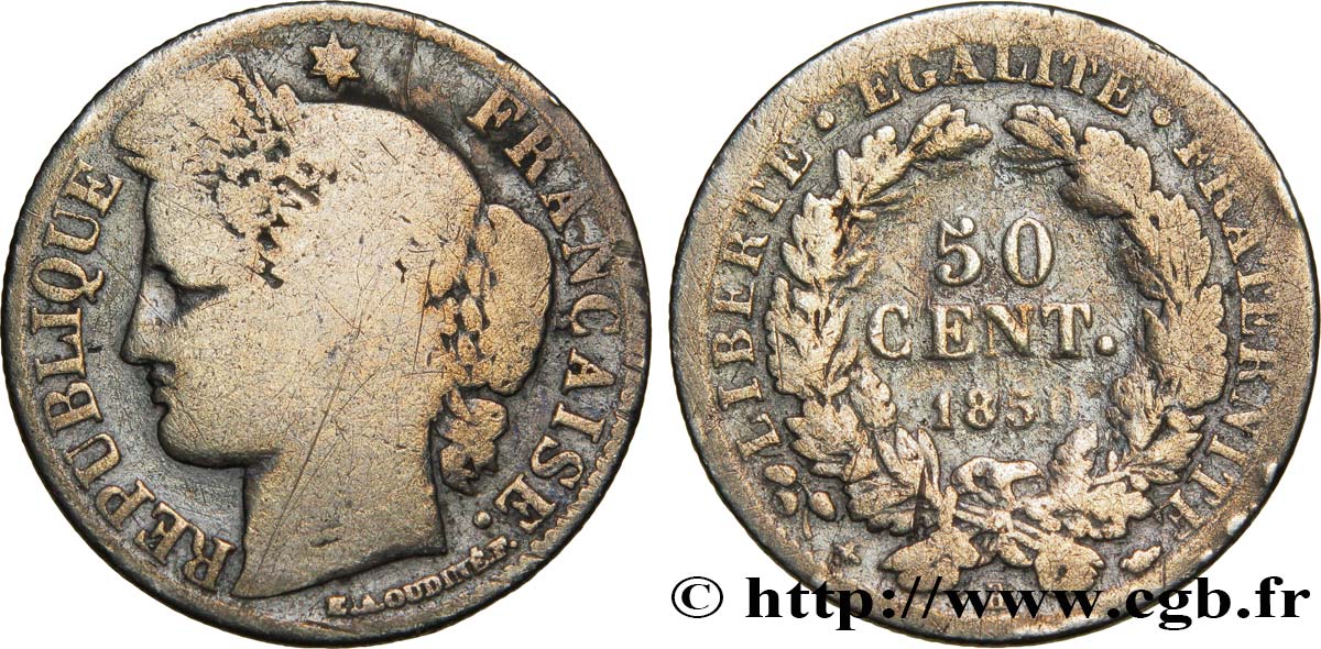 50 centimes Cérès, IIe République 1850 Strasbourg F.184/3 B10 