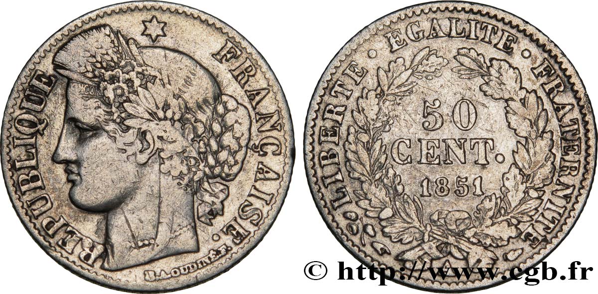 50 centimes Cérès, IIe République 1851 Paris F.184/5 S25 