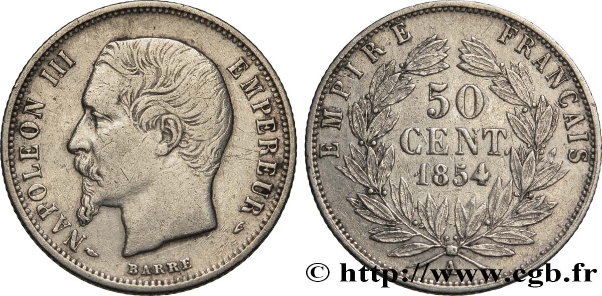 50 centimes Napoléon III, tête nue 1854 Paris F.187/2 XF45 