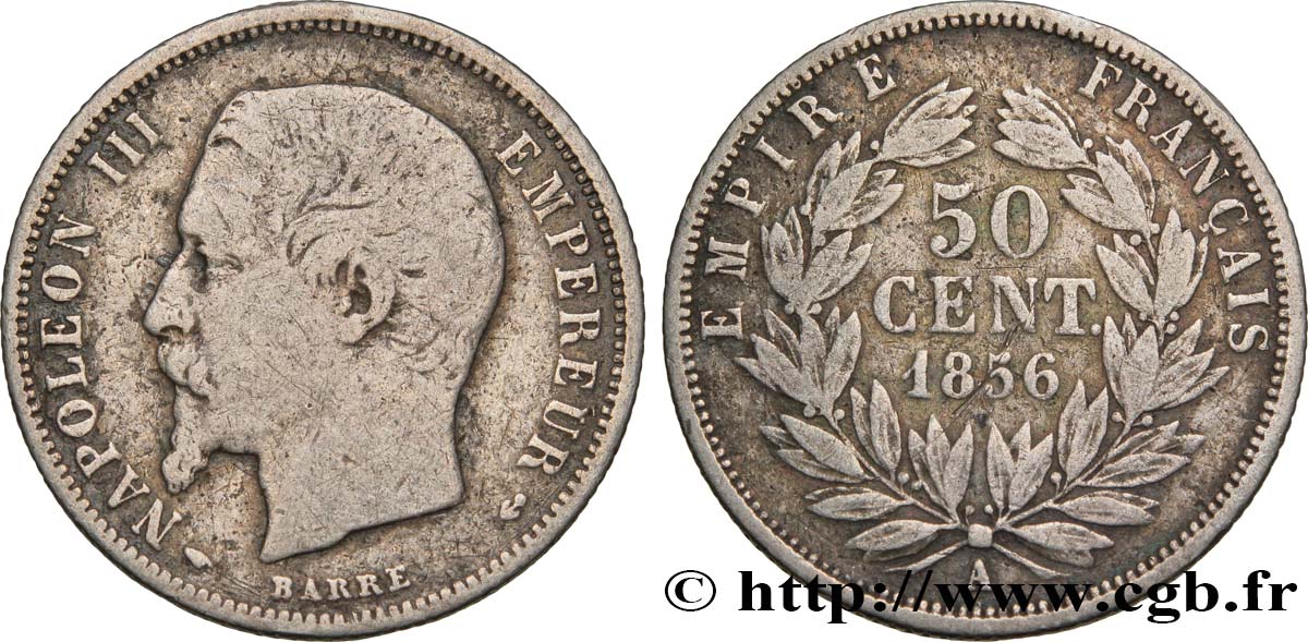 50 centimes Napoléon III, tête nue 1856 Paris F.187/5 TB25 