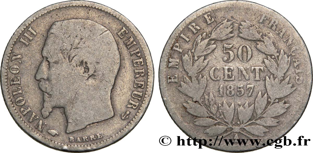 50 centimes Napoléon III, tête nue 1857 Paris F.187/8 VF20 