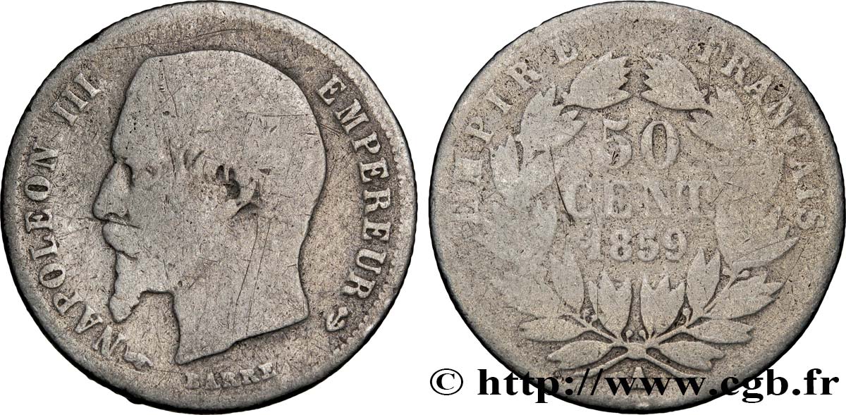 50 centimes Napoléon III, tête nue 1859 Paris F.187/10 F12 