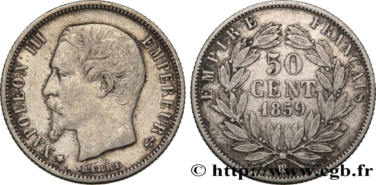 50 centimes Napoléon III, tête nue 1859 Strasbourg F.187/11 XF40 