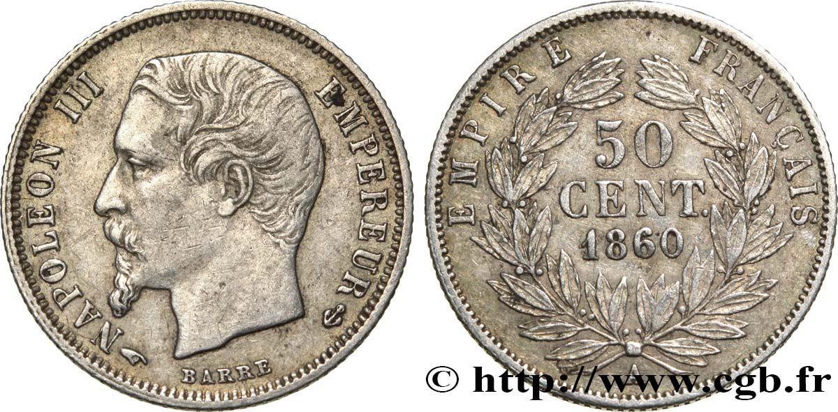 50 centimes Napoléon III, tête nue 1860 Paris F.187/12 XF48 