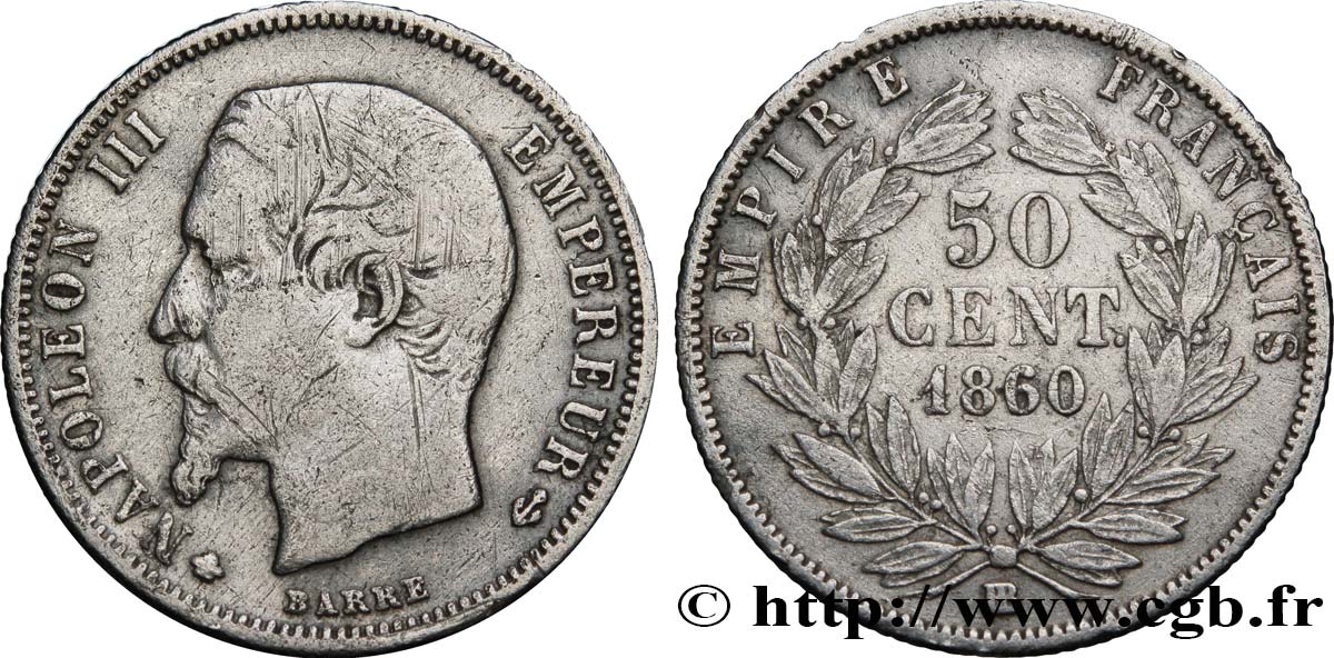 50 centimes Napoléon III, tête nue 1860 Strasbourg F.187/14 TB25 