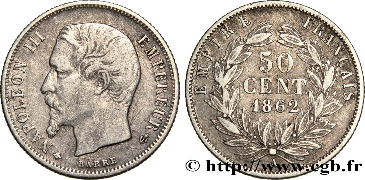 50 centimes Napoléon III, tête nue 1862 Paris F.187/16 XF42 