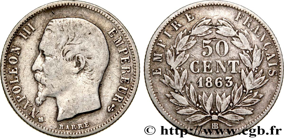 50 centimes Napoléon III, tête nue 1863 Strasbourg F.187/17 VF25 