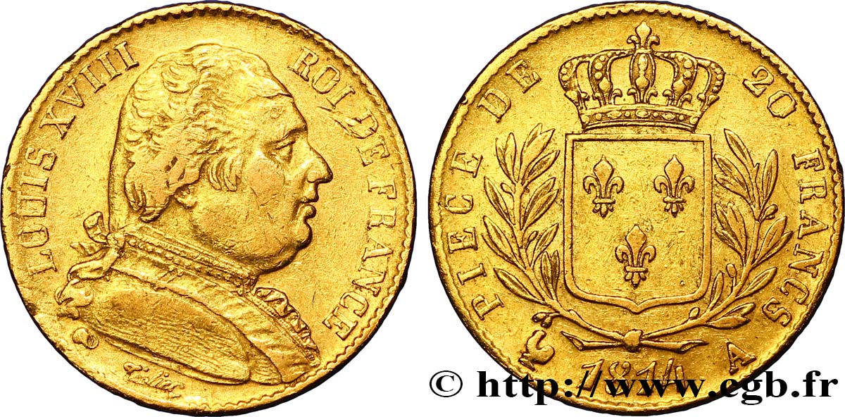 20 francs or Louis XVIII, buste habillé 1814 Paris F.517/2 SS42 