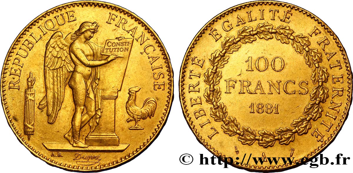 100 francs or Génie, tranche inscrite en relief Dieu protège la France 1881 Paris F.552/4 VZ55 