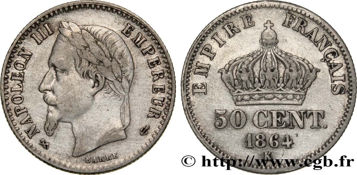 50 centimes Napoléon III, tête laurée 1864 Bordeaux F.188/4 SS40 