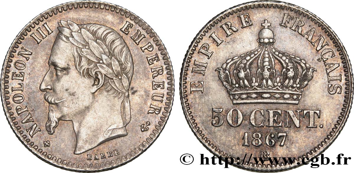 50 centimes Napoléon III, tête laurée 1867 Strasbourg F.188/16 MBC50 