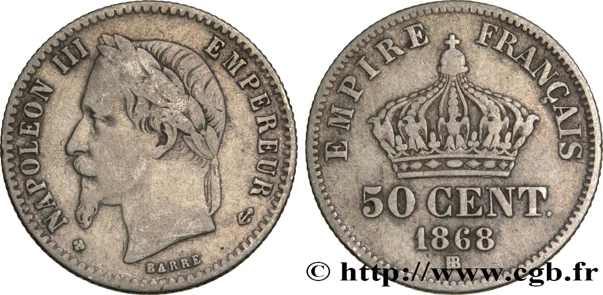 50 centimes Napoléon III, tête laurée 1868 Strasbourg F.188/21 MB30 