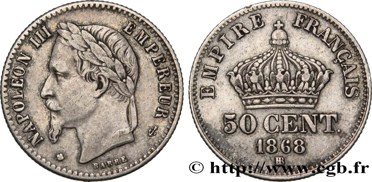 50 centimes Napoléon III, tête laurée 1868 Strasbourg F./ XF40 