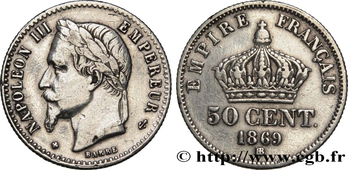 50 centimes Napoléon III, tête laurée 1869 Strasbourg F.188/23 var. MBC40 