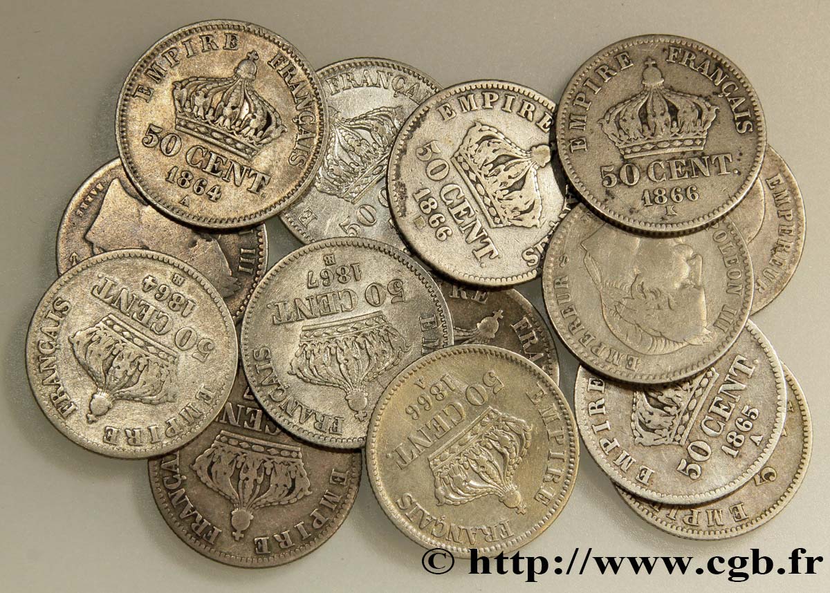 Lot de quatorze pièces de 50 centimes Napoléon III, tête laurée n.d. n.l. F.188/- SGE/SS 