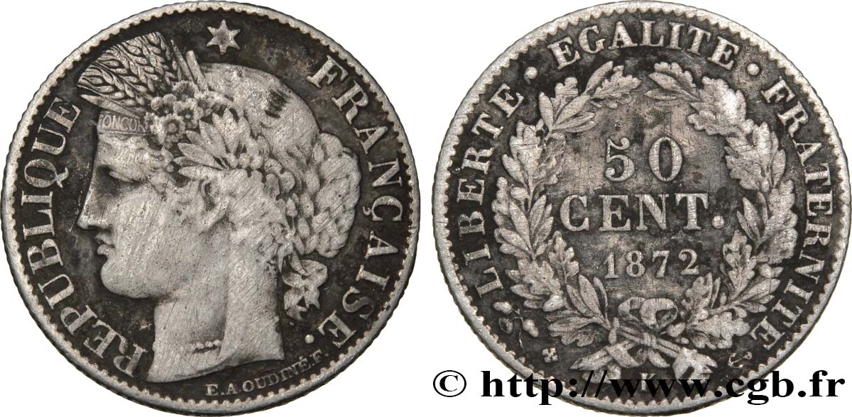 50 centimes Cérès, IIIe République 1872 Bordeaux F.189/4 TB20 