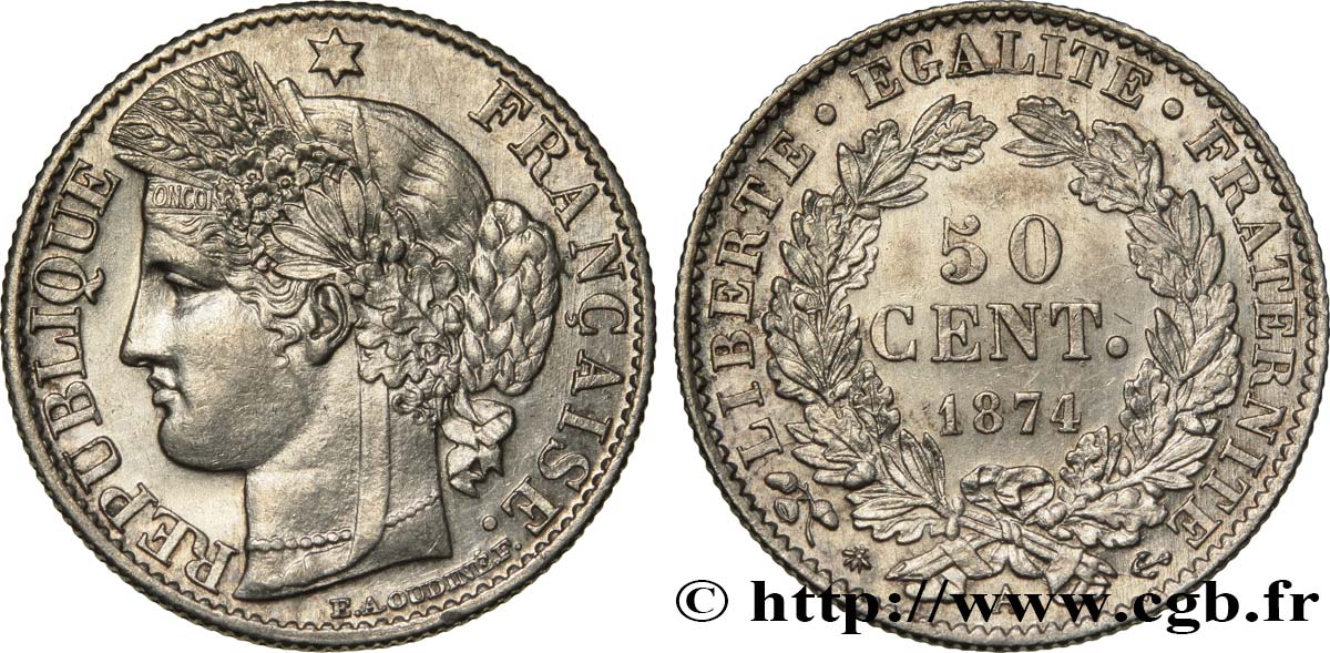 50 centimes Cérès, IIIe République 1874 Paris F.189/7 SPL62 