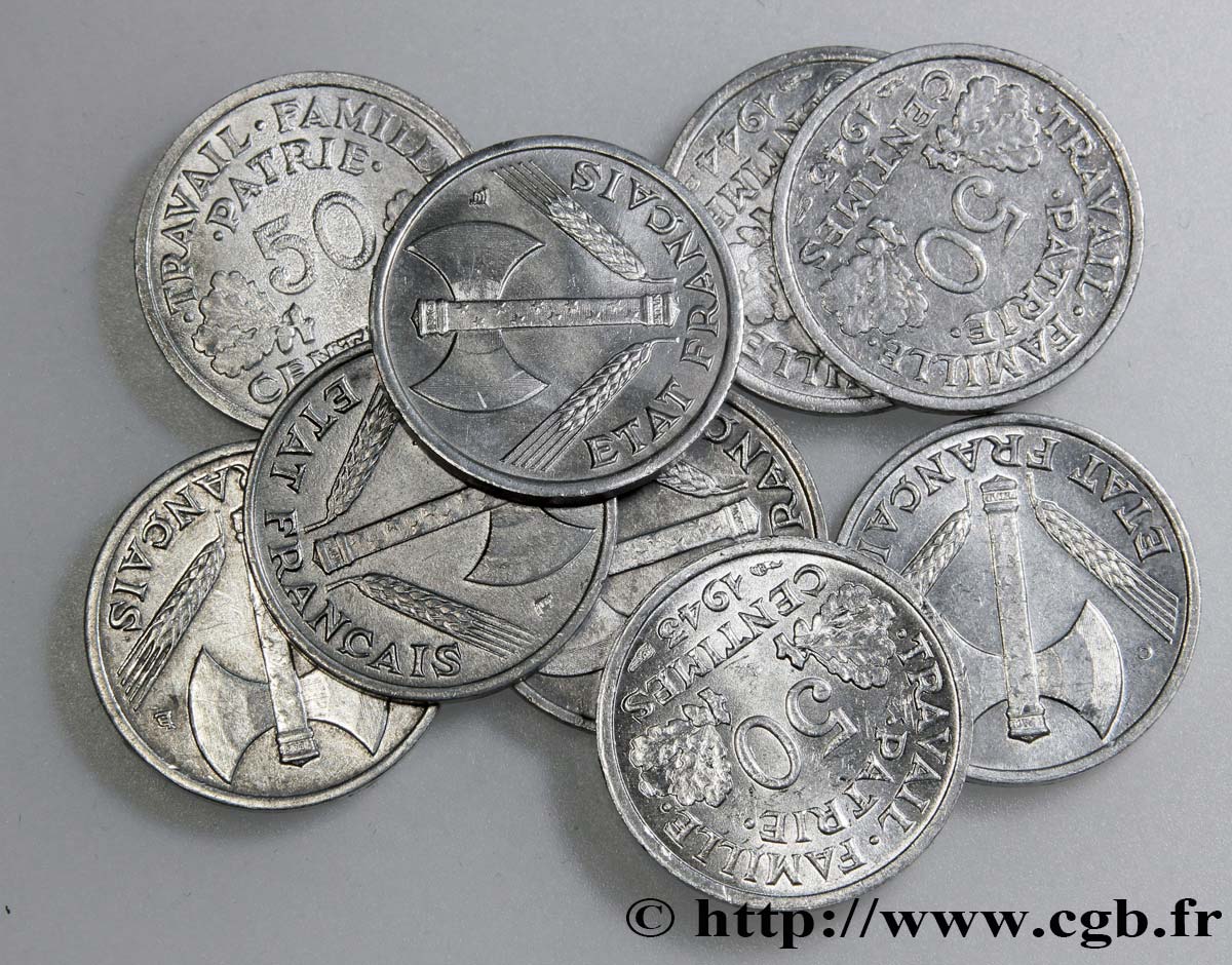 Lot de 9 pièces de 50 centimes francisque en aluminium - - F.195/- TB/SPL 
