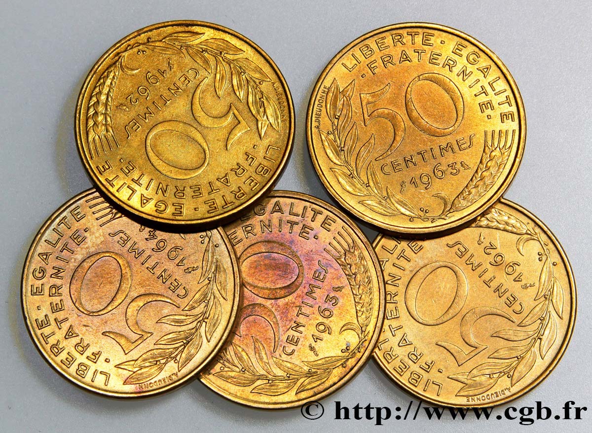 Lot de 5 pièces de 50 centimes Marianne - - F.197/- BB/q.SPL 