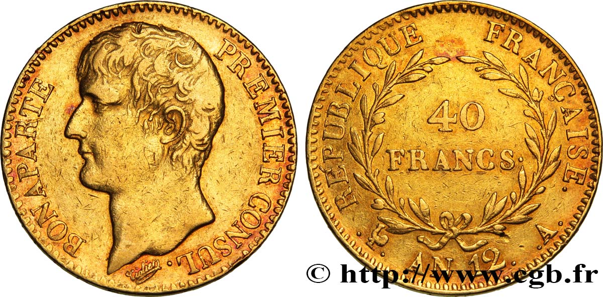 40 francs or Bonaparte Premier Consul 1804 Paris F.536/6 XF42 