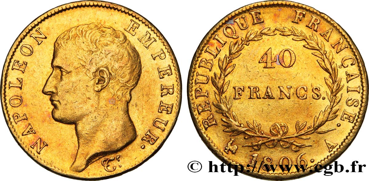 40 francs or Napoléon tête nue, Calendrier grégorien 1806 Paris F.538/1 XF48 