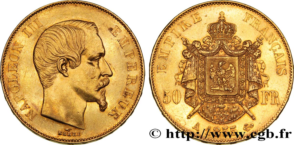 50 francs or Napoléon III, tête nue 1855 Paris F.547/1 TTB50 
