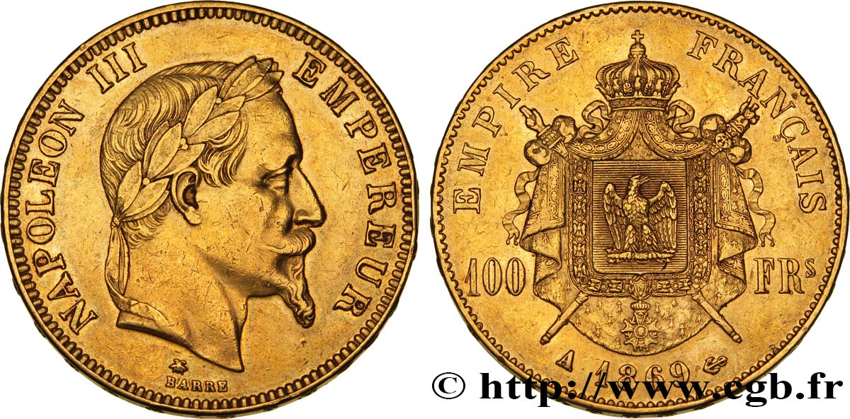 100 francs or Napoléon III, tête laurée 1869 Paris F.551/12 XF48 