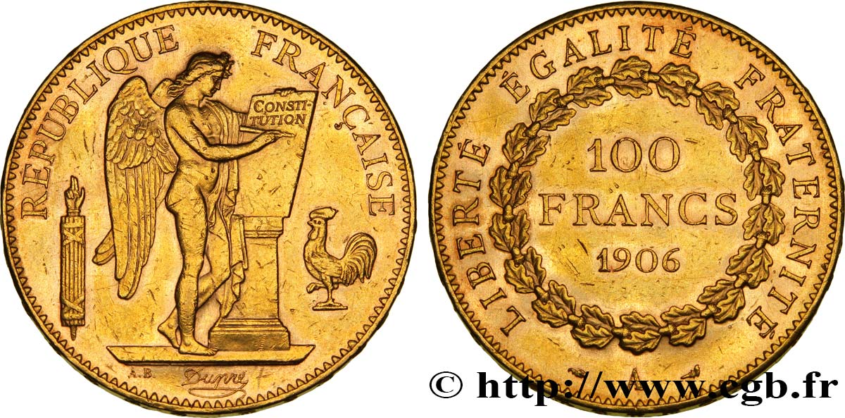 100 francs or Génie, tranche inscrite en relief Dieu protège la France 1906 Paris F.552/19 MBC53 