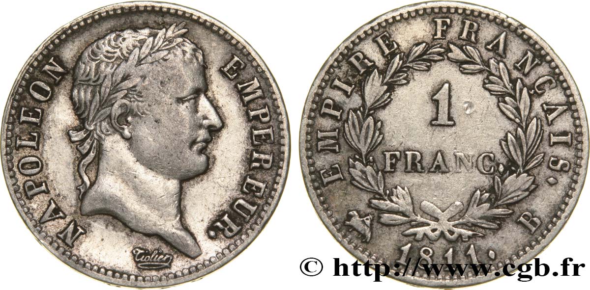 1 franc Napoléon Ier tête laurée, Empire français 1811 Rouen F.205/29 TTB45 