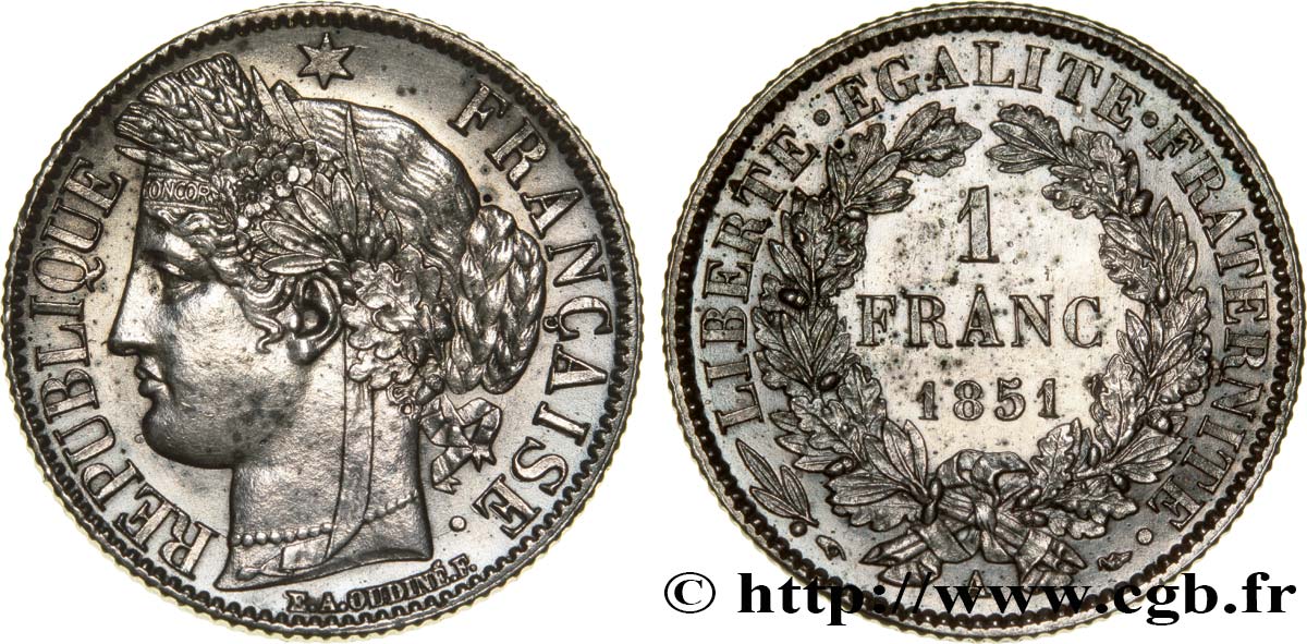 1 franc Cérès, IIe République 1851 Paris F.211/9 SUP 