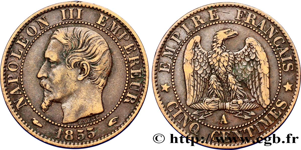 Cinq centimes Napoléon III, tête nue 1855 Paris F.116/16 TTB45 