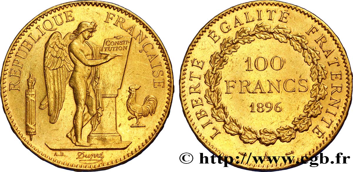 100 francs or Génie, tranche inscrite en relief Dieu protège la France 1896 Paris F.552/11 BB50 