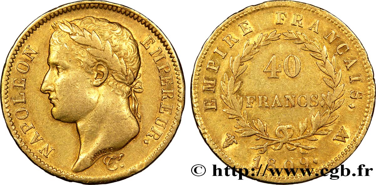 40 francs or Napoléon tête laurée, Empire français 1809 Lille F.541/3 MBC45 