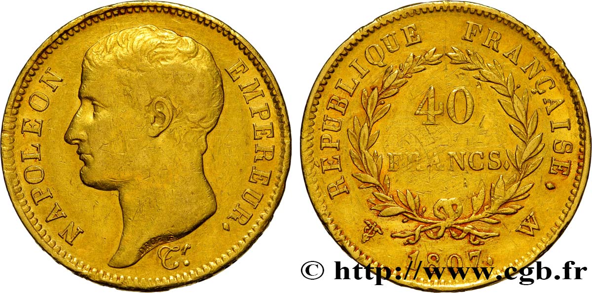 40 francs or Napoléon tête nue, type transitoire 1807 Lille F.539/5 TTB42 