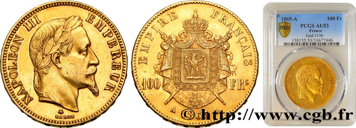 100 francs or Napoléon III, tête laurée 1865 Paris F.551/5 BB53 PCGS