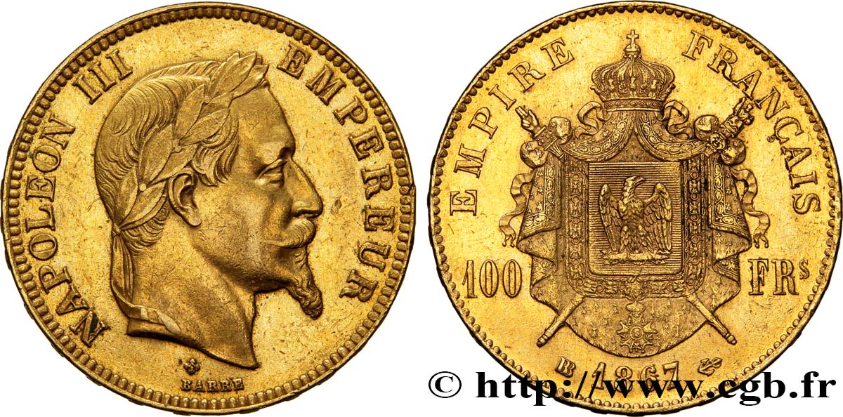 100 francs or Napoléon III, tête laurée 1867 Strasbourg F.551/9 TTB50 