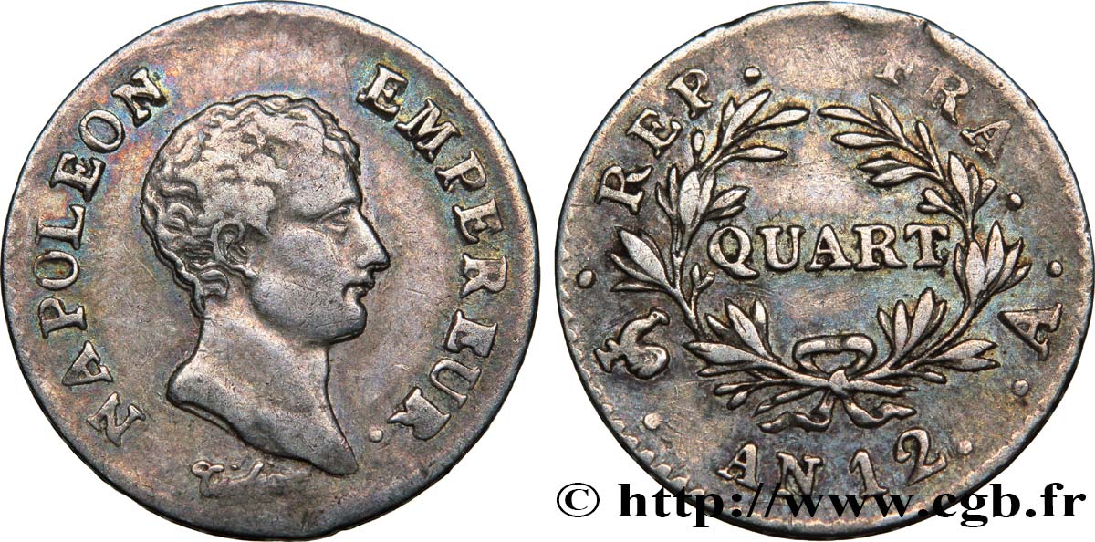 Quart (de franc) Napoléon Empereur, Calendrier révolutionnaire 1804 Paris F.158/1 TB35 