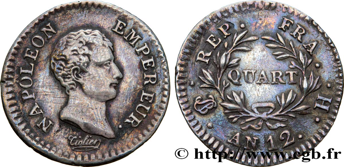 Quart (de franc) Napoléon Empereur, Calendrier révolutionnaire 1804 La Rochelle F.158/3 SS48 