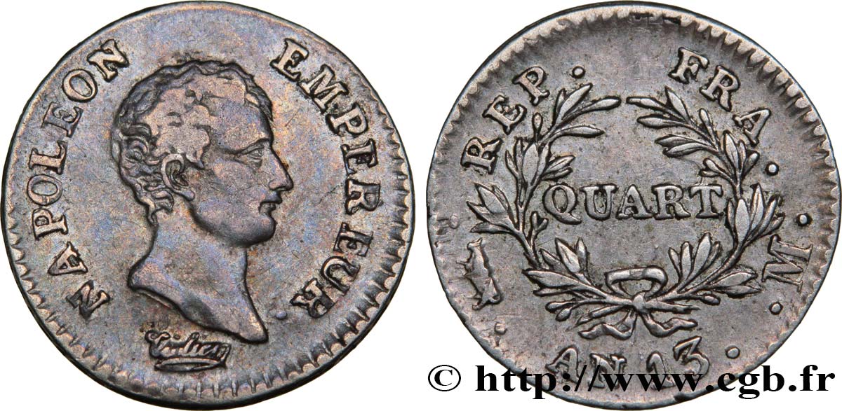 Quart (de franc) Napoléon Empereur, Calendrier révolutionnaire 1805 Toulouse F.158/14 MBC45 
