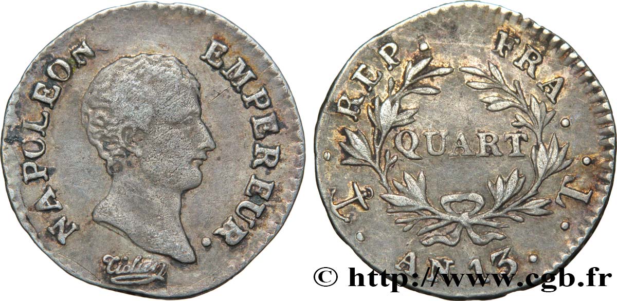 Quart (de franc) Napoléon Empereur, Calendrier révolutionnaire 1805 Nantes F.158/16 TB35 