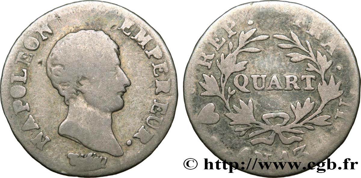 Quart (de franc) Napoléon Empereur, Calendrier révolutionnaire 1805 Turin F.158/17 B10 