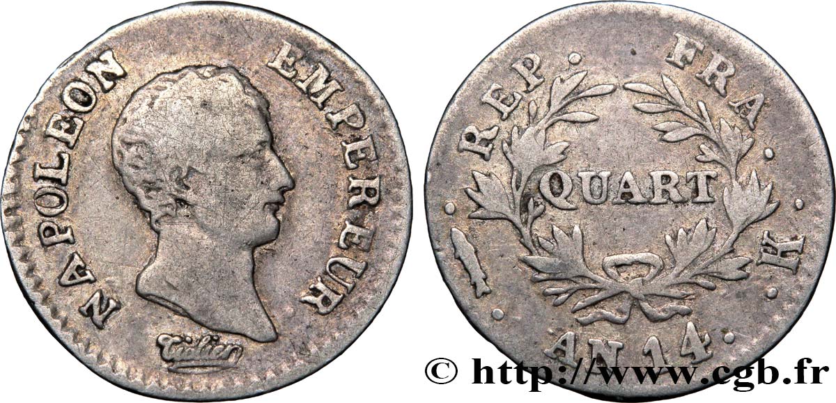 Quart (de franc) Napoléon Empereur, Calendrier révolutionnaire 1805 Bordeaux F.158/18 TB22 