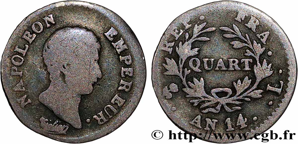 Quart (de franc) Napoléon Empereur, Calendrier révolutionnaire 1805 Bayonne F.158/19 B10 