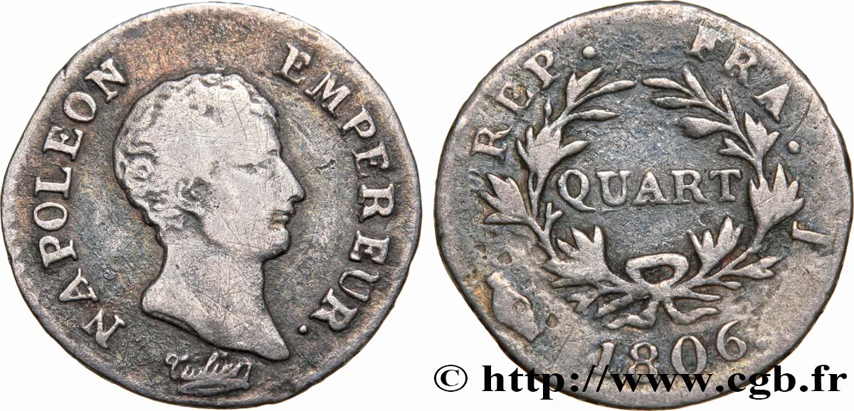 Quart (de franc) Napoléon Empereur, Calendrier grégorien 1806 Limoges F.159/2 B13 
